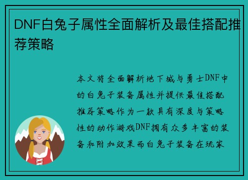 DNF白兔子属性全面解析及最佳搭配推荐策略